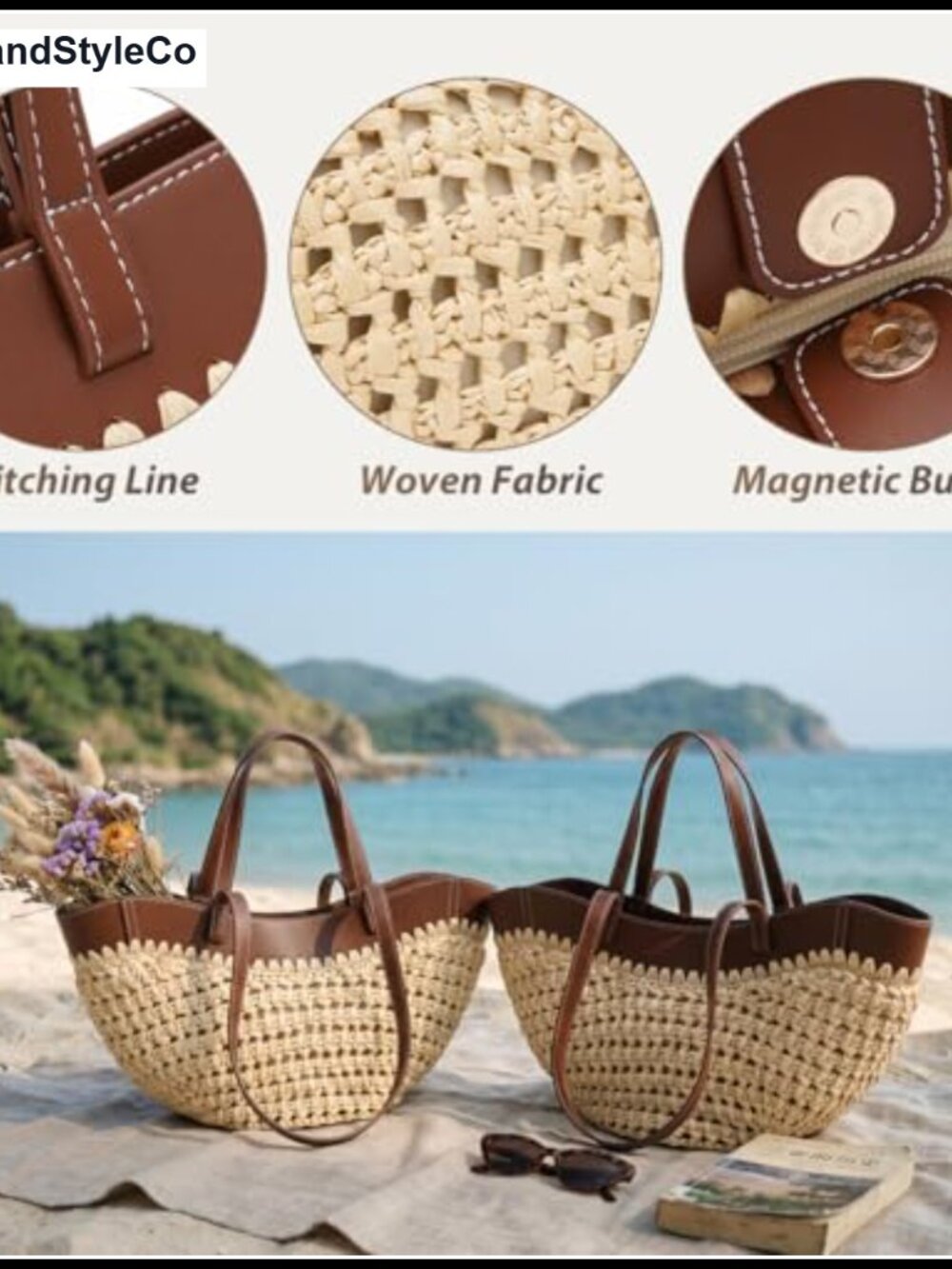 Straw Tote Bag Woven Beach Bag with Leather Trim Double Straps Handmade Mesh - Picture 4 of 6